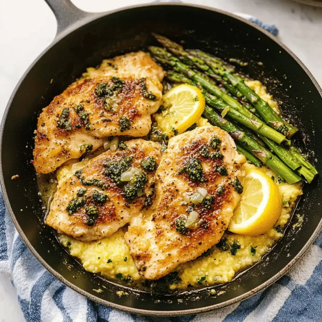 Lemon Butter Chicken Piccata with Pesto Polenta Bliss