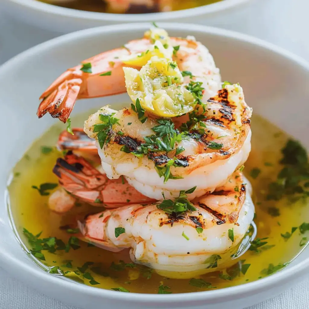 Grilled Gremolata Prawns in Prawn Broth