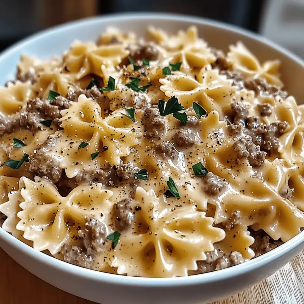 Creamy Parmesan Garlic Beef Bowtie Pasta