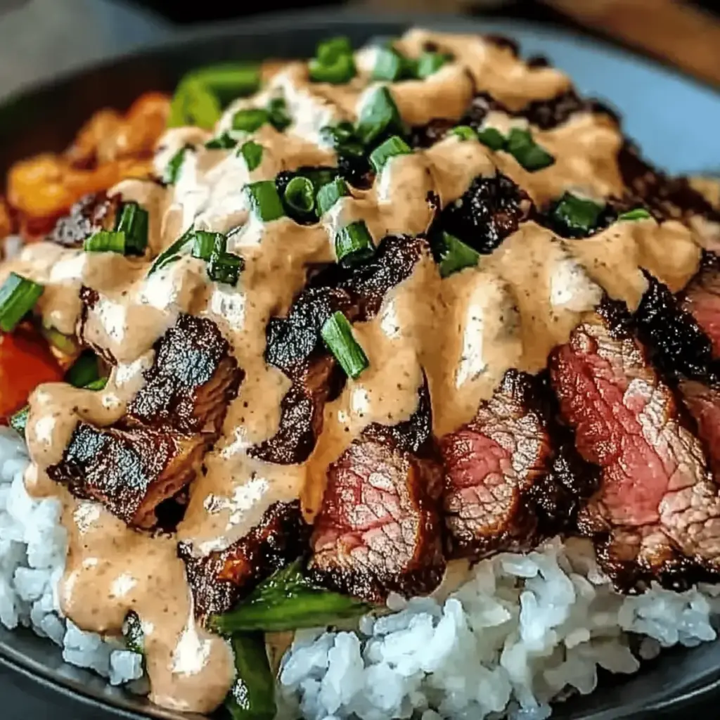 Korean BBQ Steak Rice Bowls with Spicy Cream Sauce