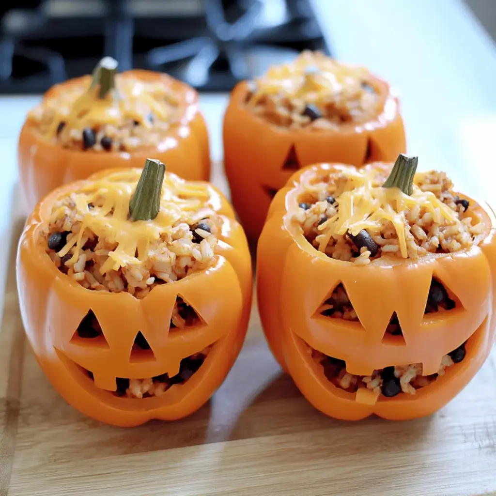 SHREDDED CHICKEN & RICE STUFFED PEPPERS (HALLOWEEN STYLE)