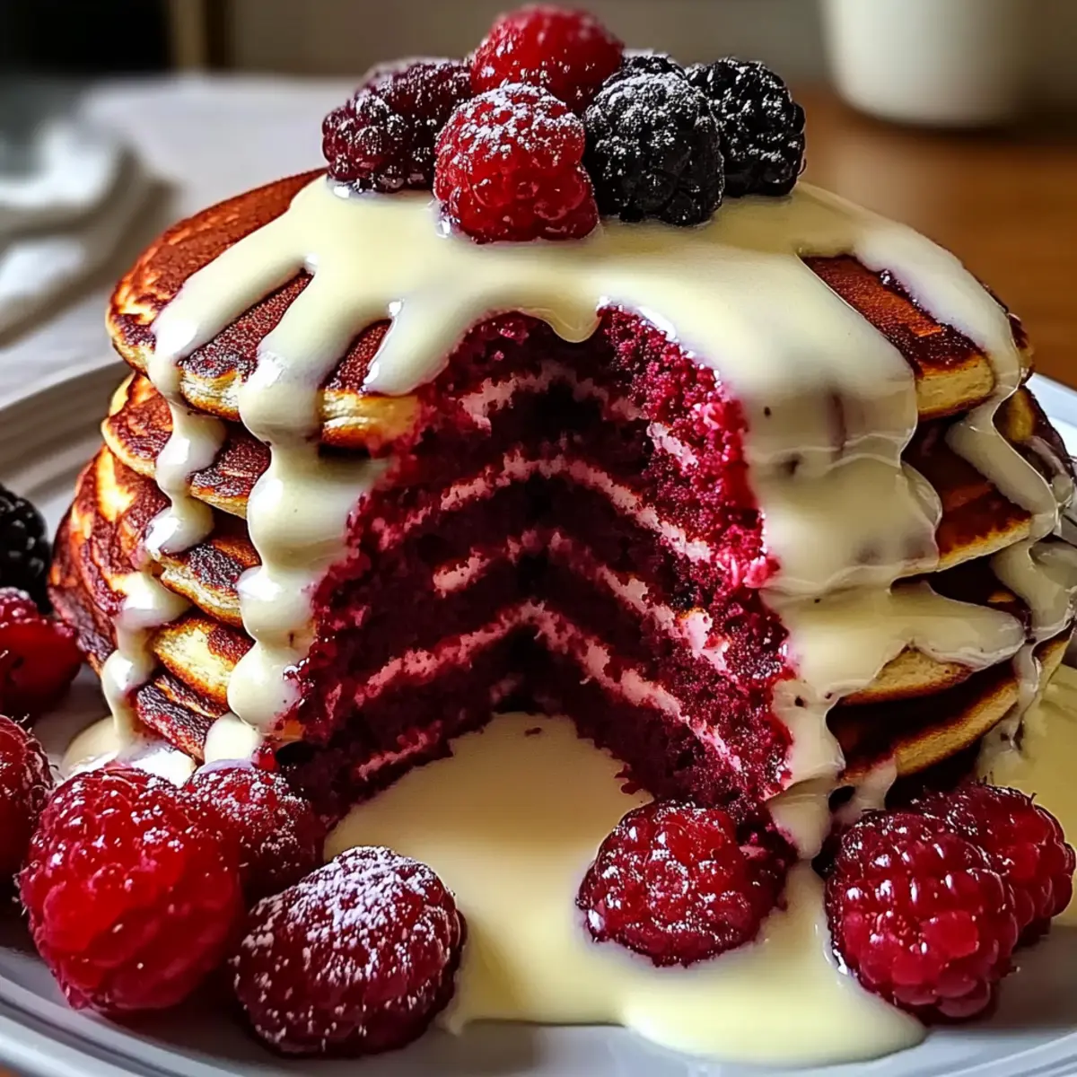 Fluffy Red Velvet Pancakes With Cream Cheese Glaze Bliss