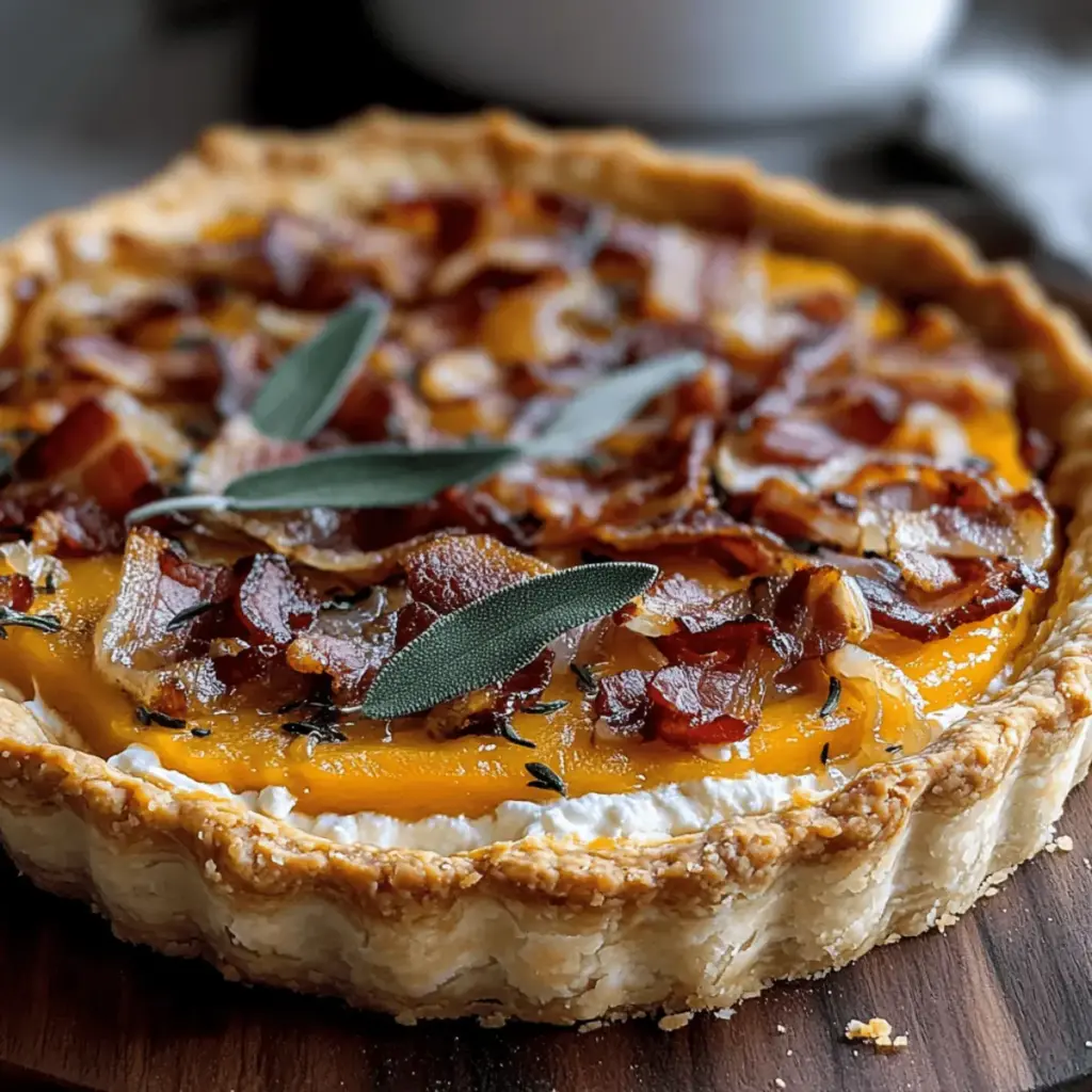 Pumpkin, Ricotta & Caramelized Onion Tart with Bacon and Sage