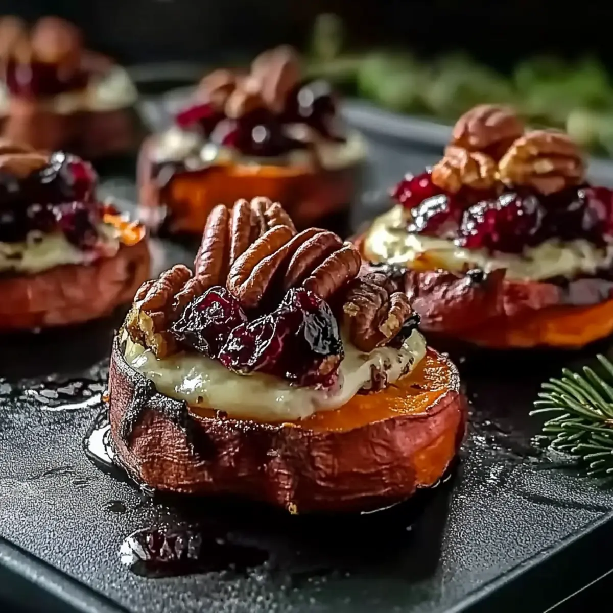 Irresistible Sweet Potato Rounds with Brie Cranberry and Pecans