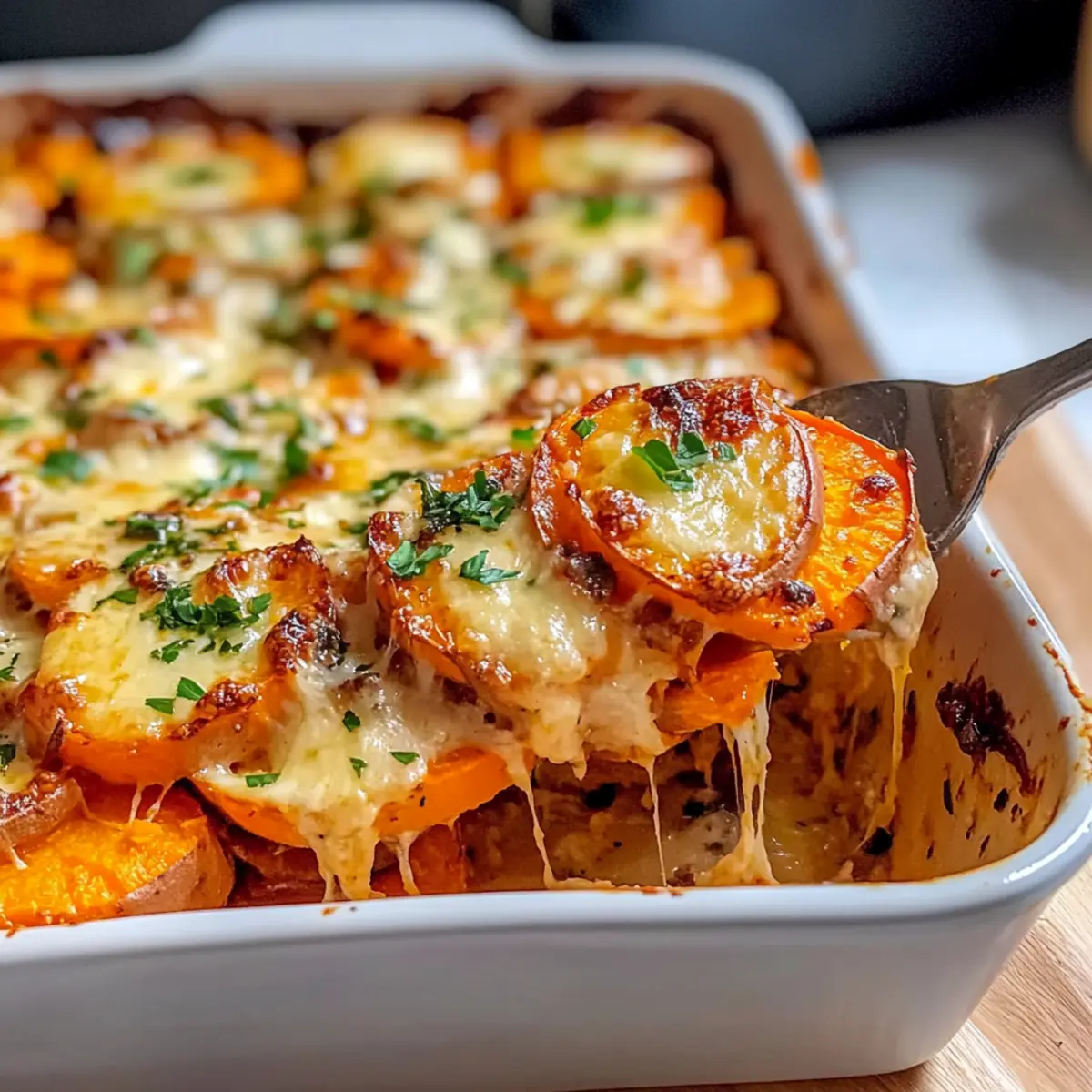 Creamy Garlic Butter Sweet Potato Bake