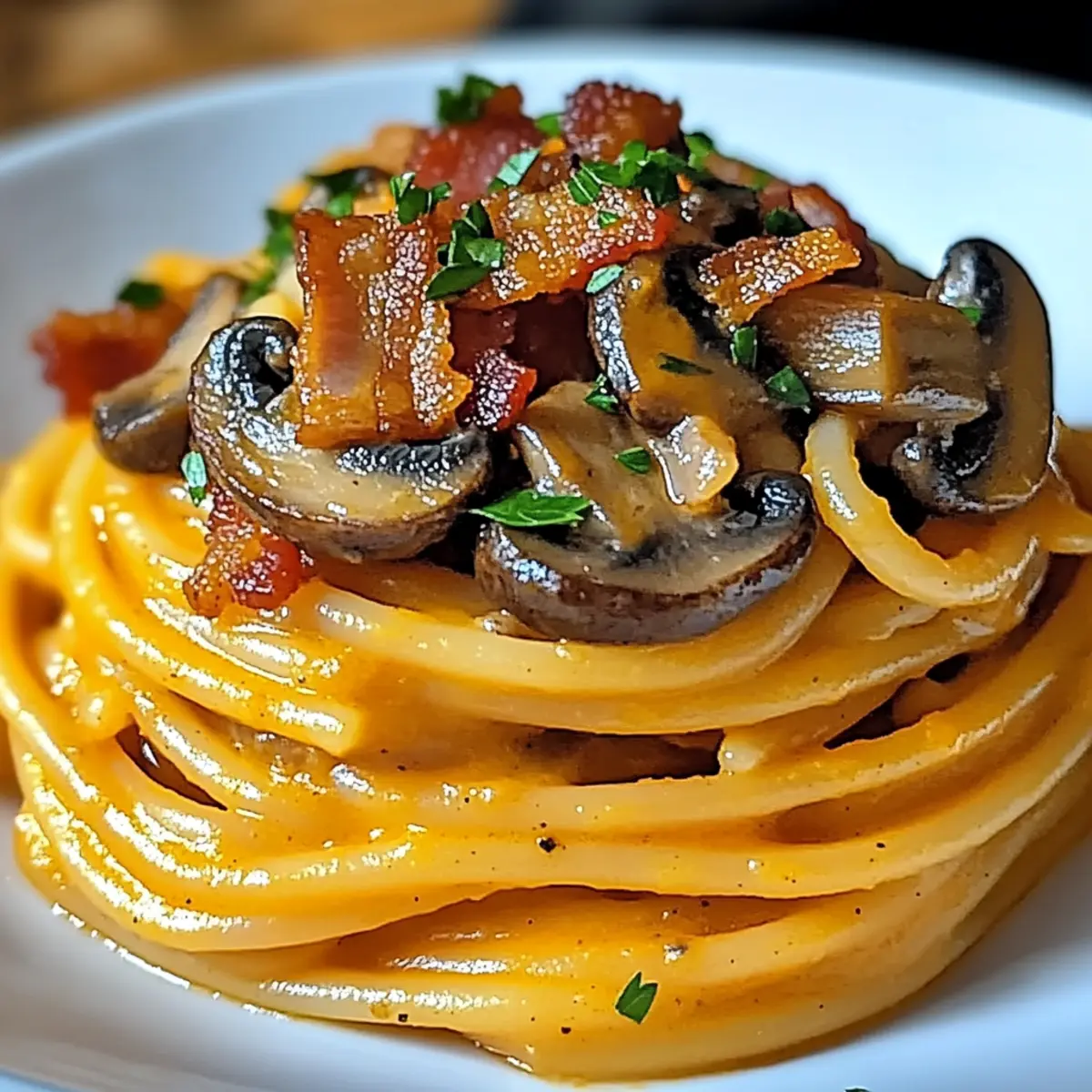 Creamy Pumpkin & Mushroom Spaghetti with Crispy Bacon Bliss