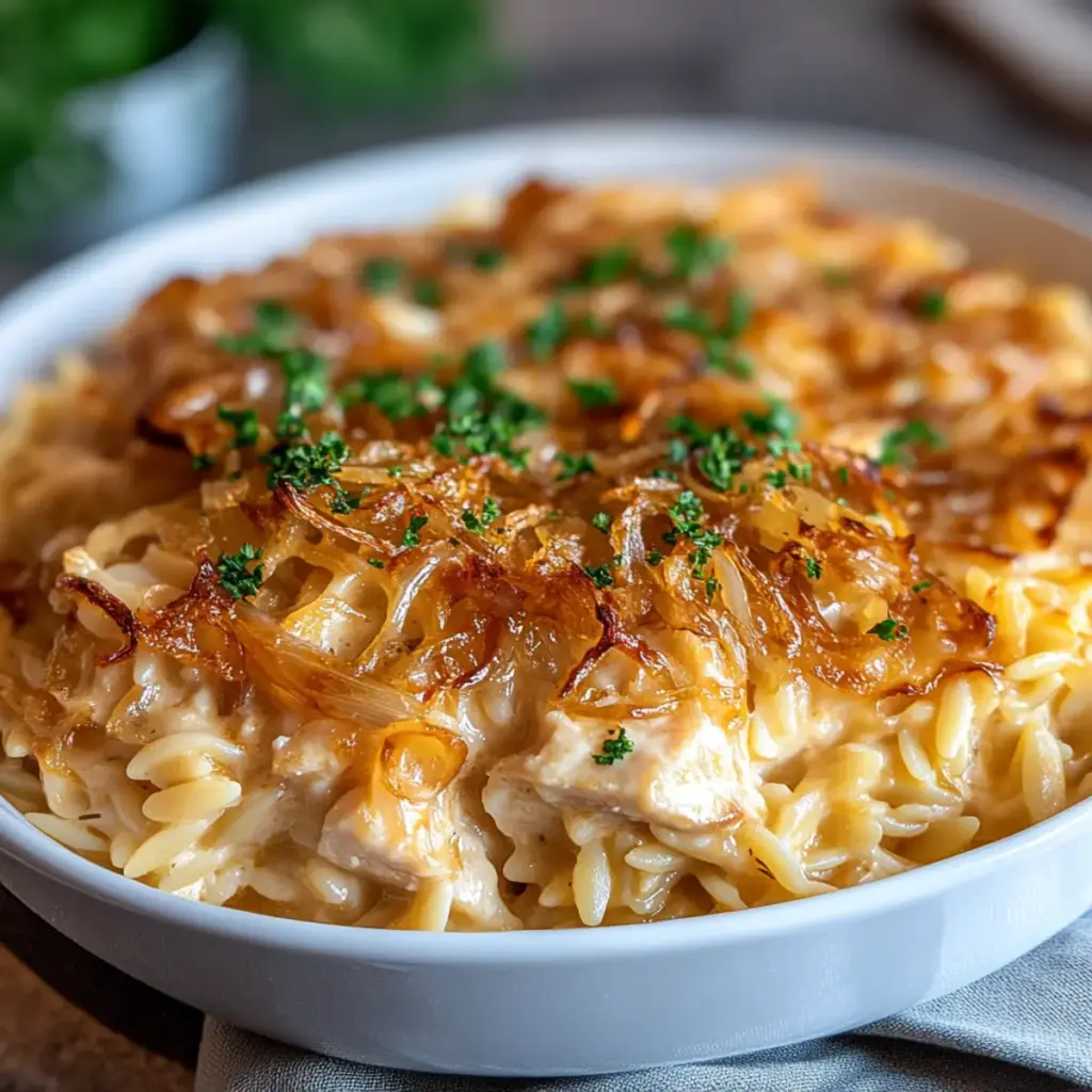 French Onion Chicken Orzo Casserole