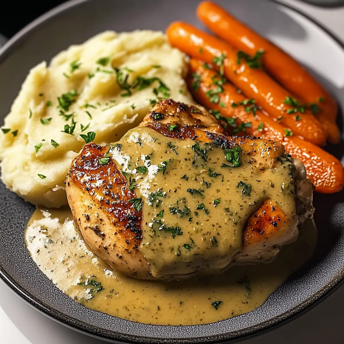 Creamy Herb Chicken with Mashed Potatoes & Glazed Carrots