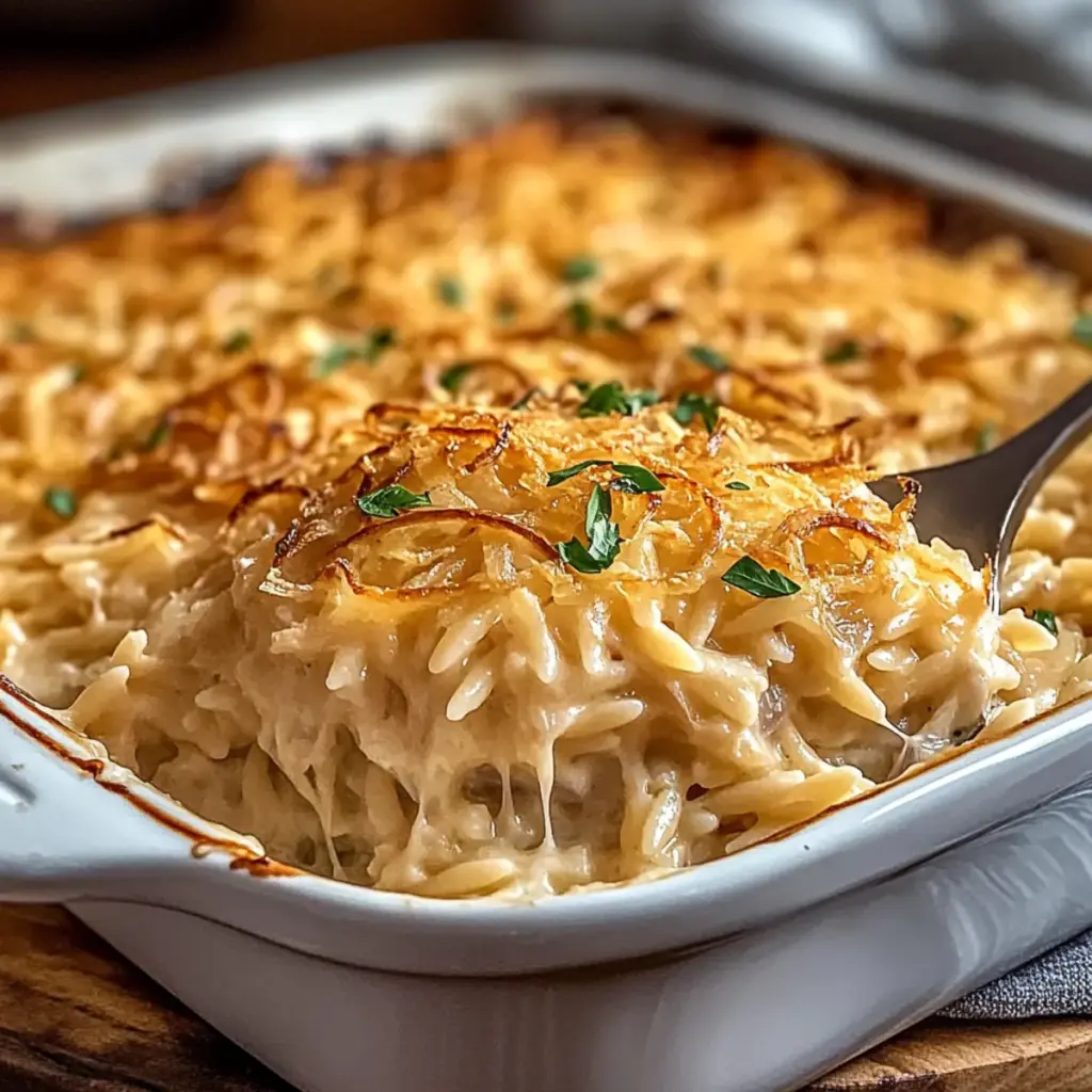 French Onion Orzo Bake