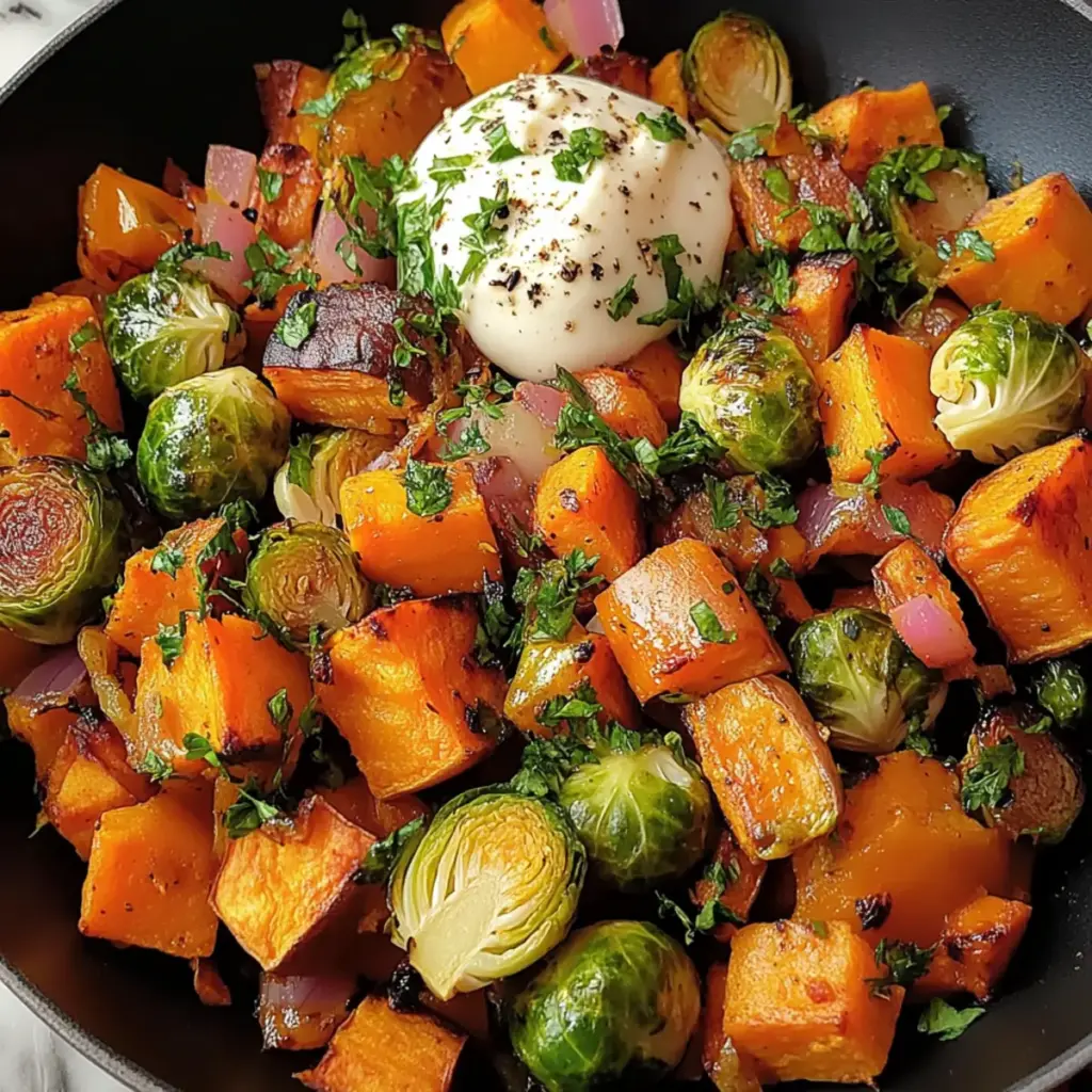 Quick Sweet Potato Brussels Hash