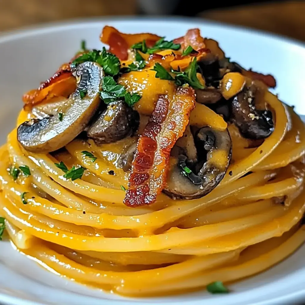 Pumpkin & Mushroom Spaghetti with Crispy Bacon