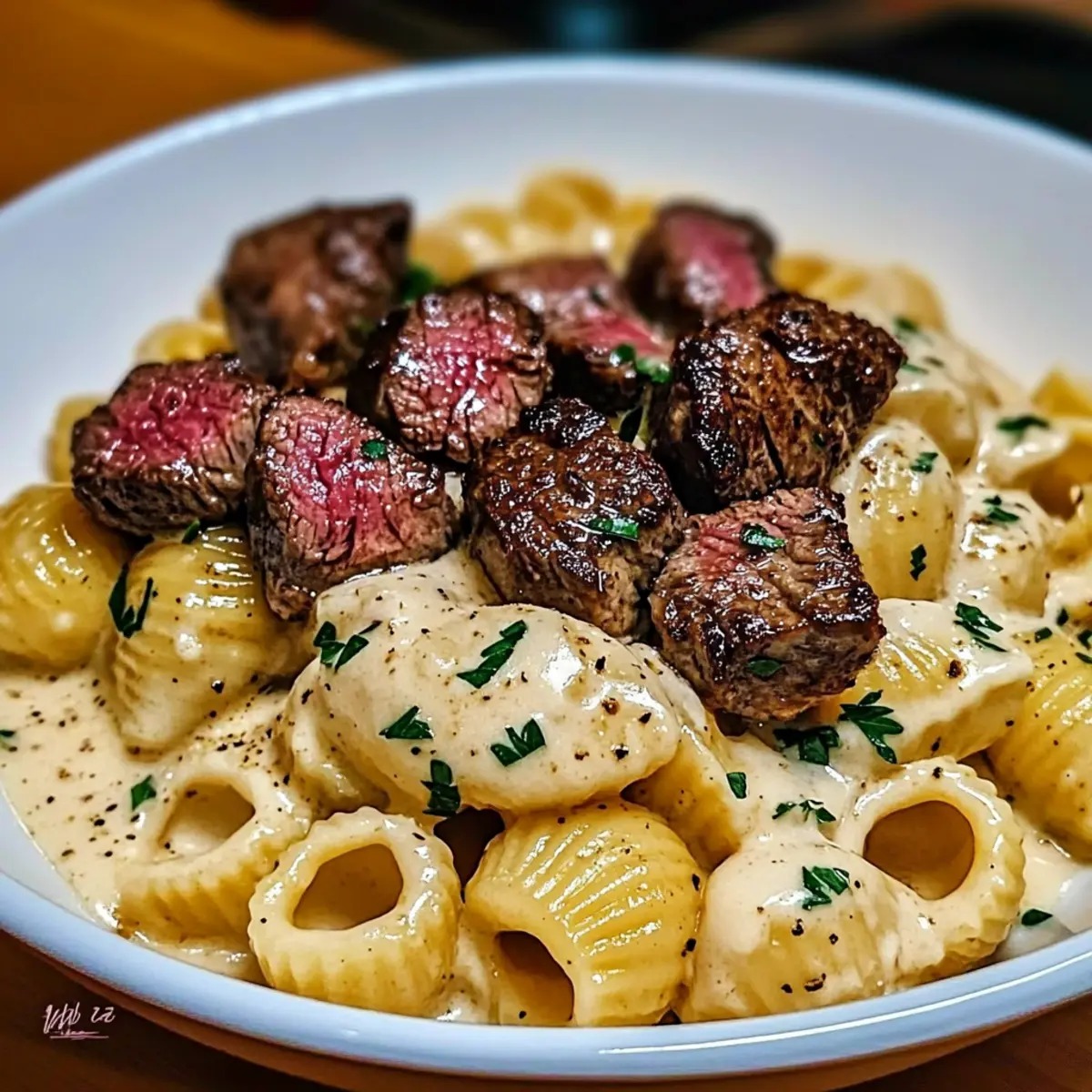 Steak Bites and Shell Pasta in Garlic Butter Alfredo Bliss
