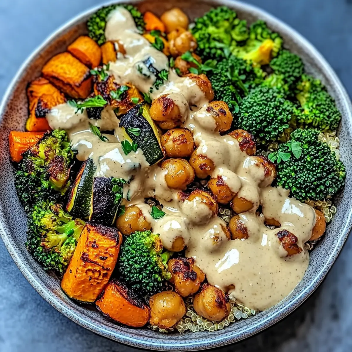 Roasted Veggie Chickpea Bowls with Maple Dijon Tahini Dressing
