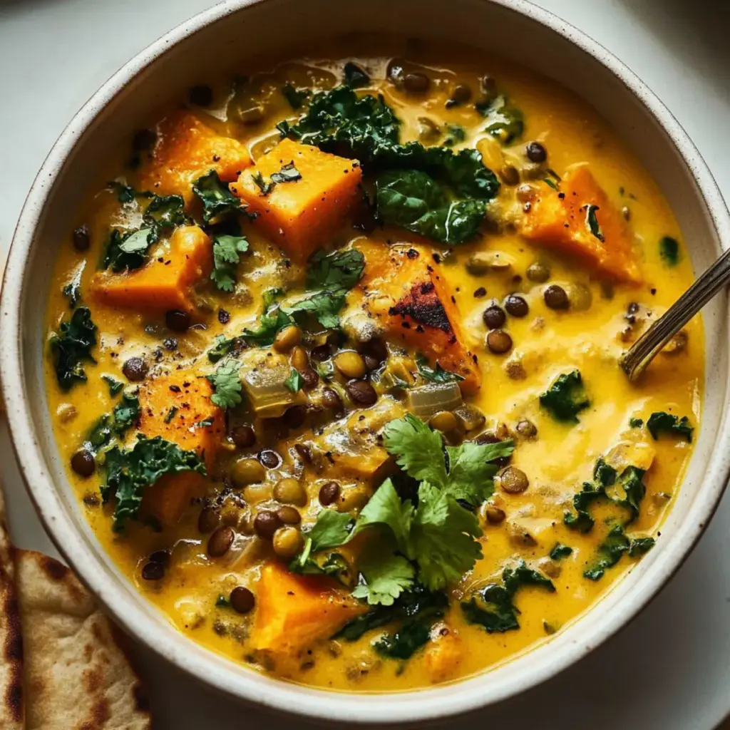 Ginger Sweet Potato Coconut Milk Stew with Lentils & Kale