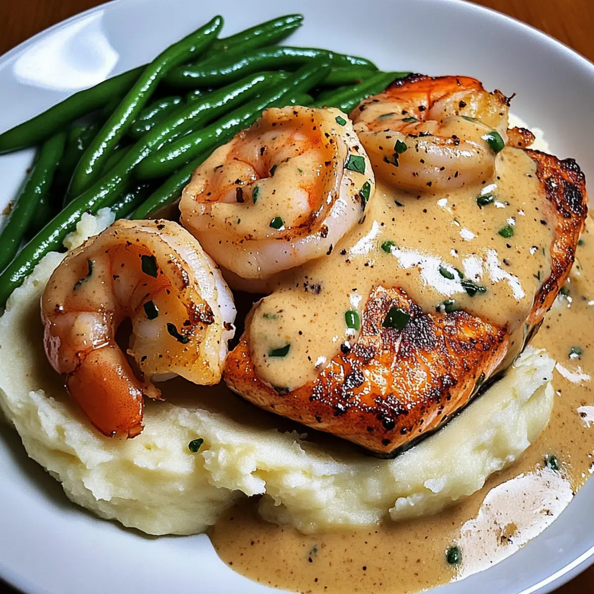 CAJUN SHRIMP AND SALMON WITH GARLIC CREAM SAUCE, MASHED POTATOES, AND GREEN BEANS