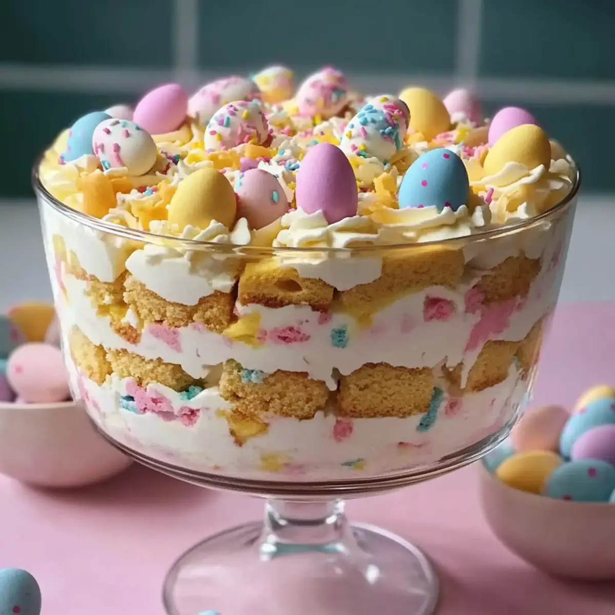 Delightful Easter Trifle Dessert with Pastel Layers and Cream