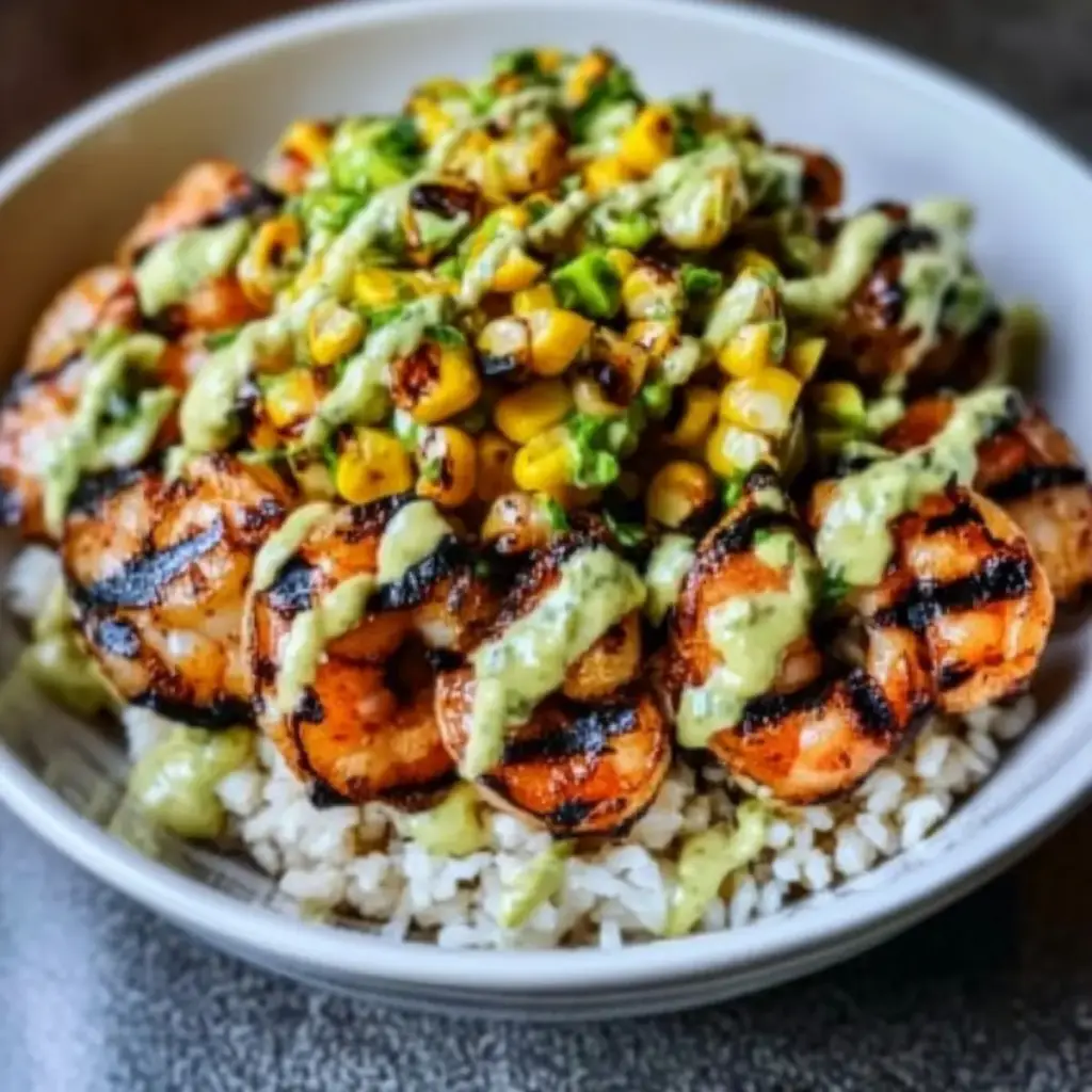 Grilled Shrimp Bowl with Avocado Corn Salsa