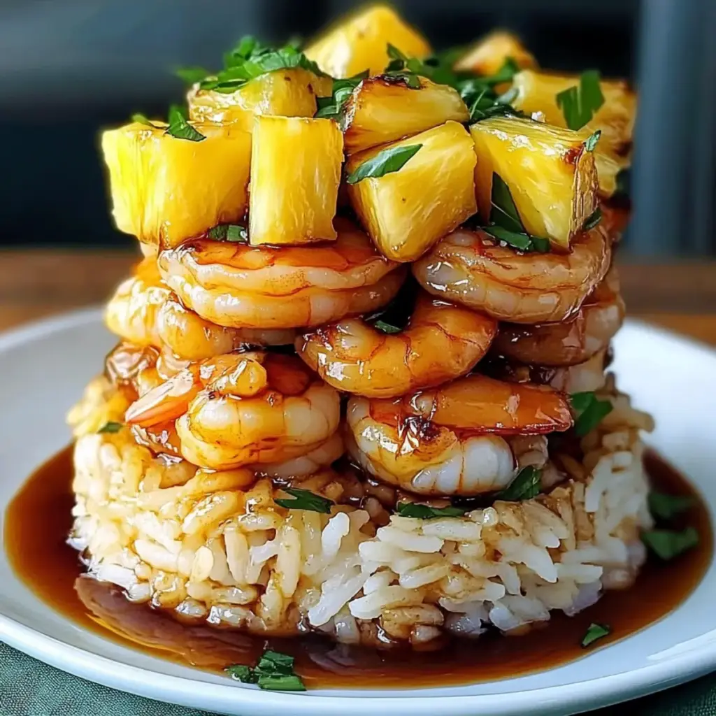 Teriyaki Shrimp and Pineapple Rice Stack