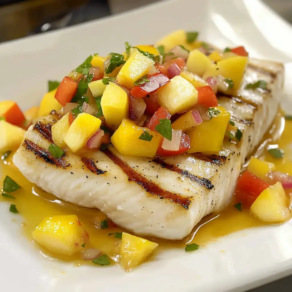 Grilled Halibut with Peach and Pepper Salsa